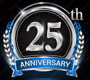 25th anniversary emblem with laurel wreath and blue ribbon.